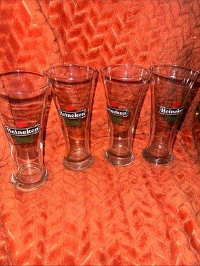 Vintage Set of 4 Heineken Tall Pilsner Beer Glasses Barware Collectible Pubware